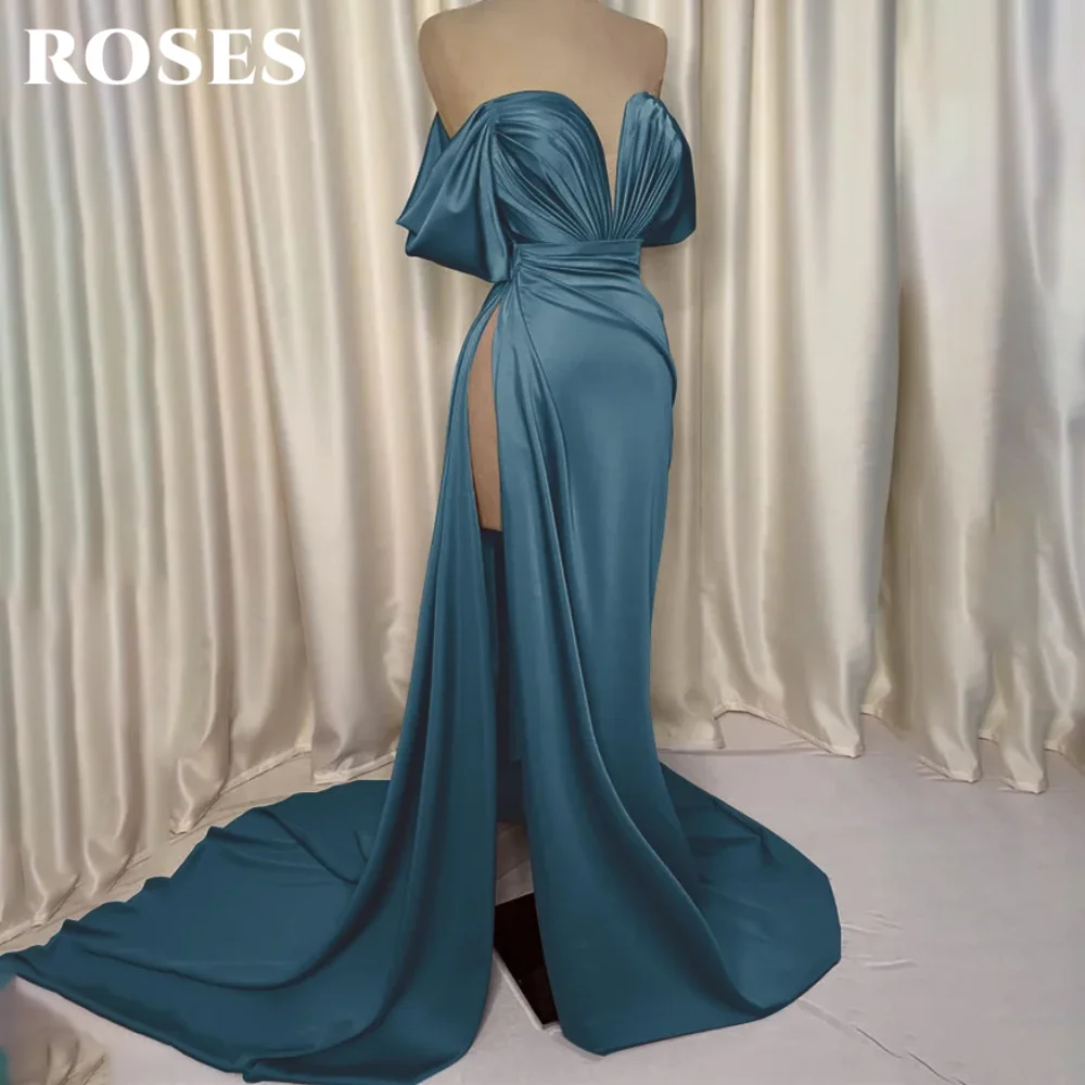 فستان سهرة باللون الأخضر الوردي قبالة الكتف من الساتان مناسبة رسمية فستان طيات فساتين حفلات البوق مع فتحة عالية مخصصة