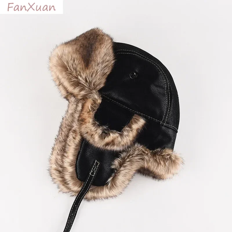 Winter Ushanka Hat Men Pilot Aviator Trapper Hat Faux Fur Leather Snow Skiing Cap with Ear Flaps Thick Winter Bomber Hat Male