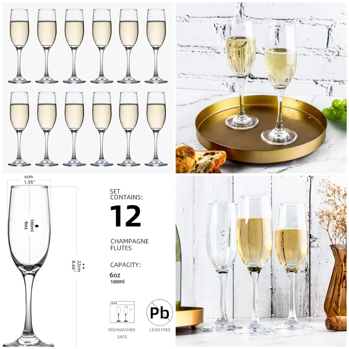 

Champagne Flute Set of 12, 6 oz Clear Glasses for Party, Home, Restaurant