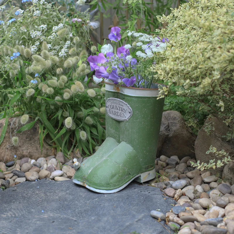 Macetas de flores de Metal para exteriores, Cubo de cesta, macetas de granja verde con botas de hierro para pájaros, decoración de soporte de flores