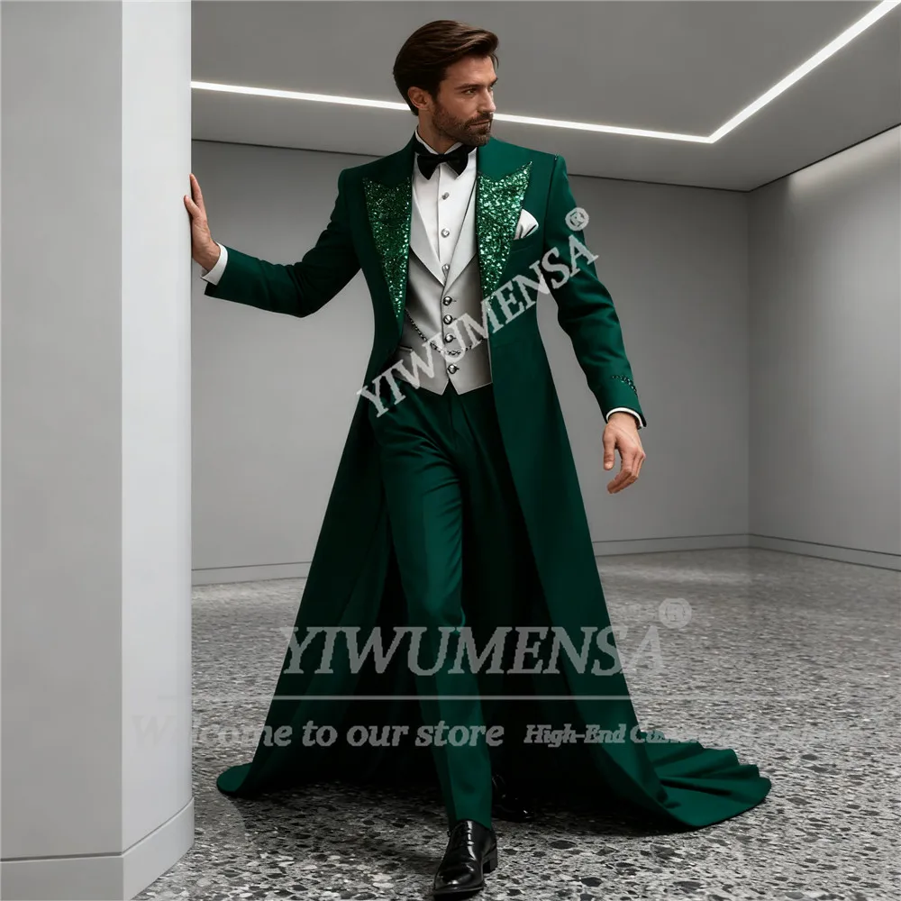 

Элегантные мужские костюмы для свадьбы, блейзеры для жениха с блестками и лацканами, длинные индивидуальные 3-х предметные однобортные мужские деловые наряды