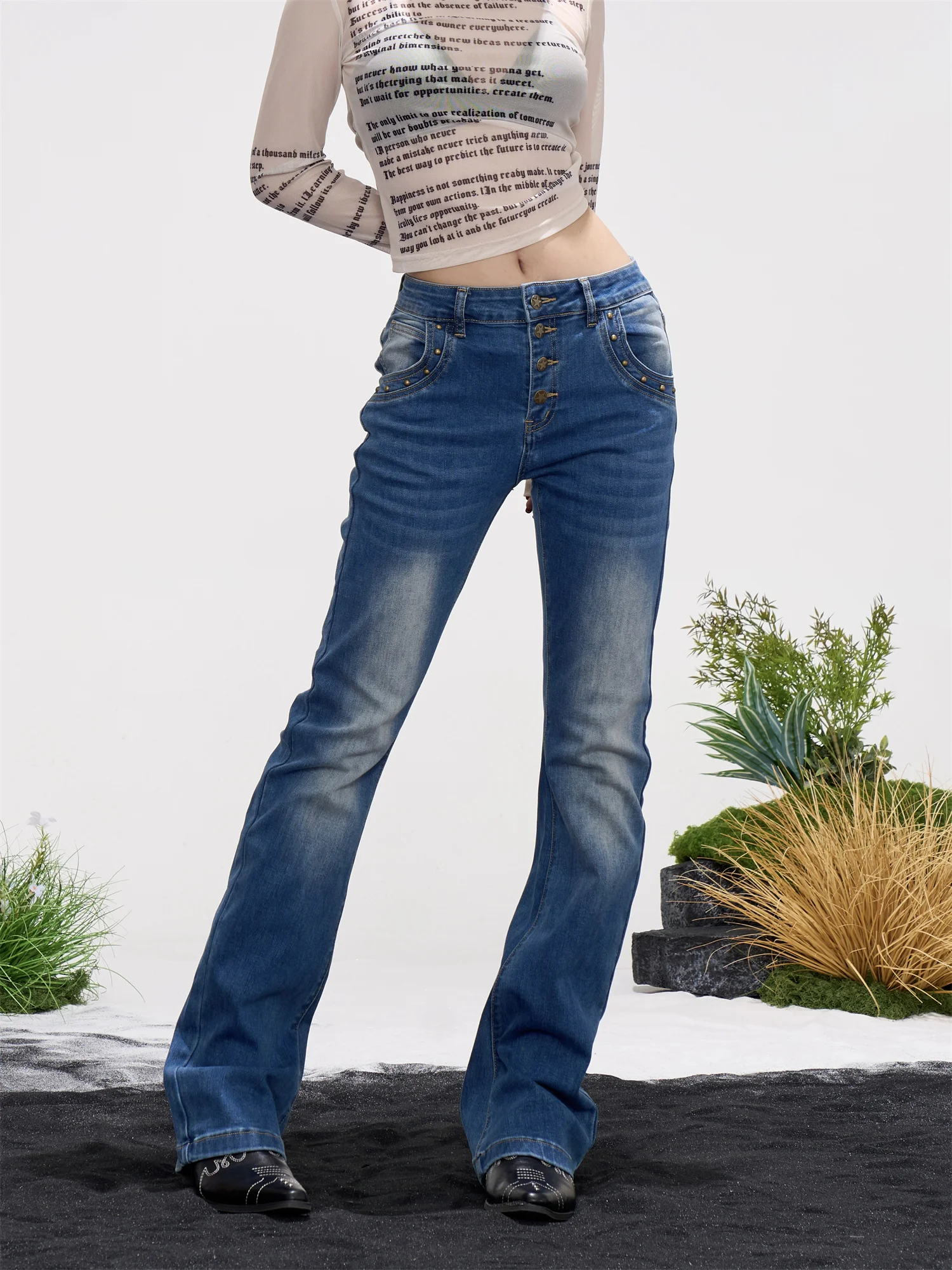 

American Style Retro Washed Bell Bottom Jeans Women's Spring Summer Slimming Long Pants Floor Length Casual Fashionable