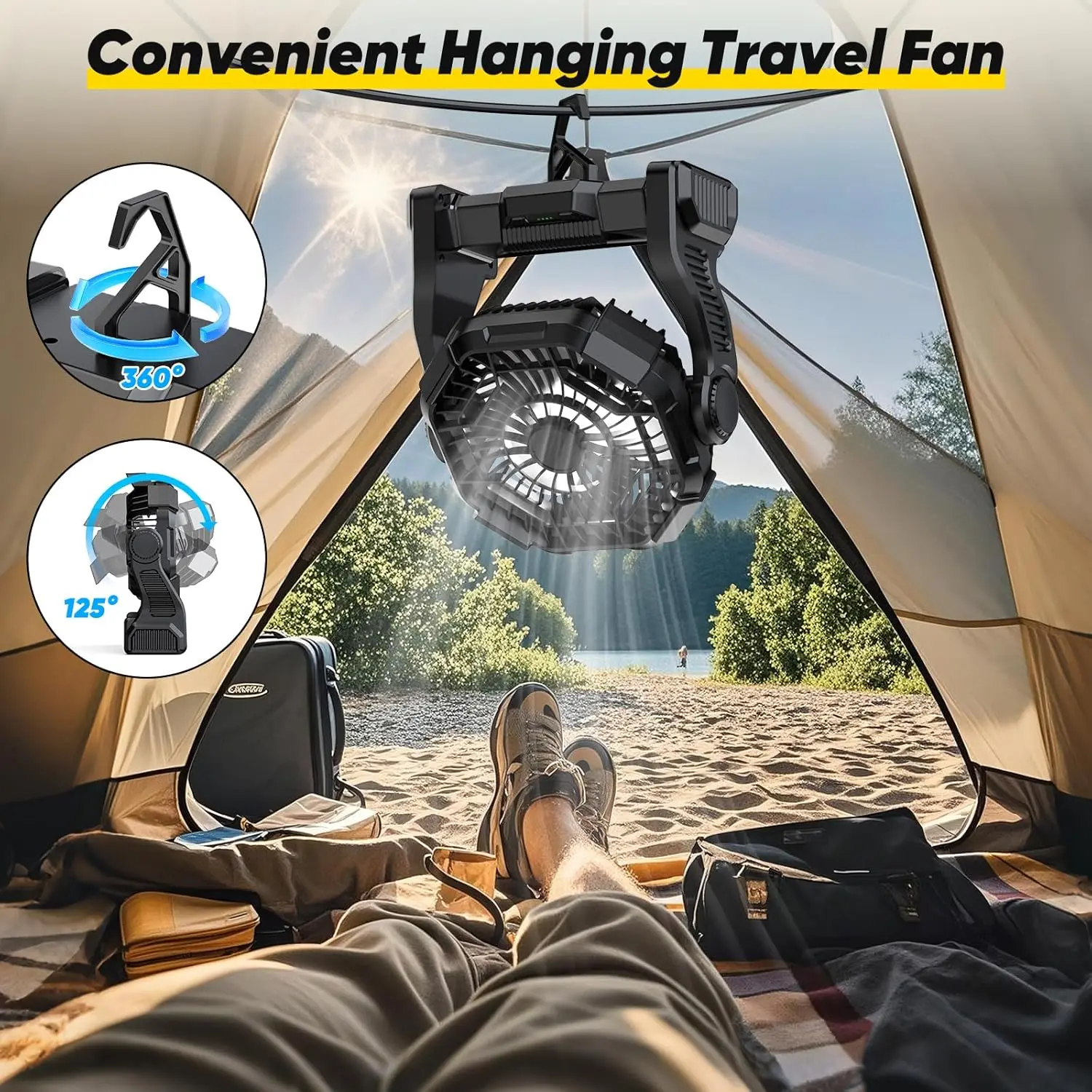 Rechargeable 10" Camping Fan: 10000mAh, LED Light, Hook, USB, Outdoor Use.