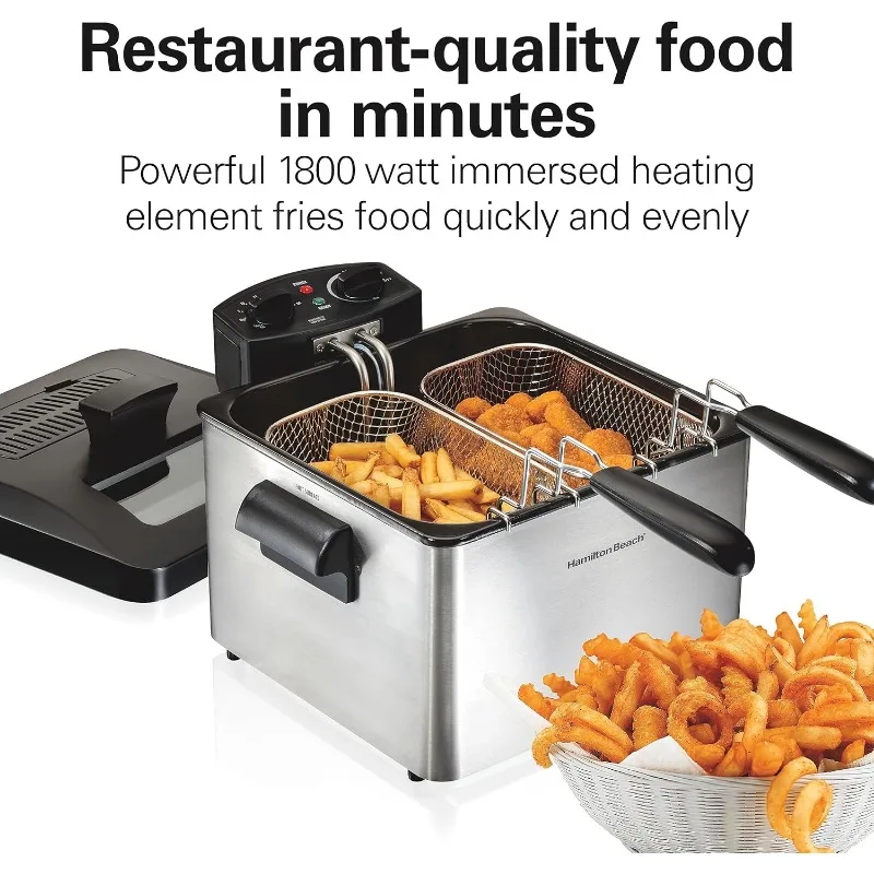 مقلاة هاميلتون بيتش الكهربائية العميقة مع 3 سلال وغطاء، 4.5 لتر / 19 كوب سعة الزيت، التحكم في درجة الحرارة، نافذة العرض