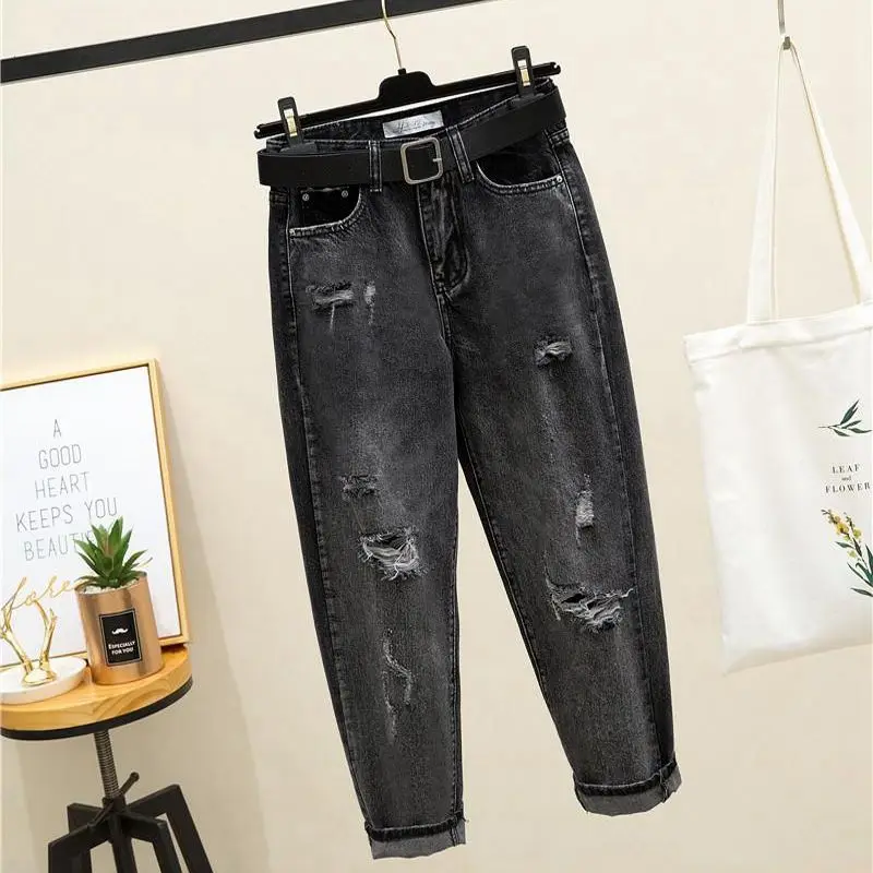 High Waist Denim Jeans Women's Autumn Straight Leg Cabbage Pants Korean Loose Student Harlan Old Dad Pants Hole Punching