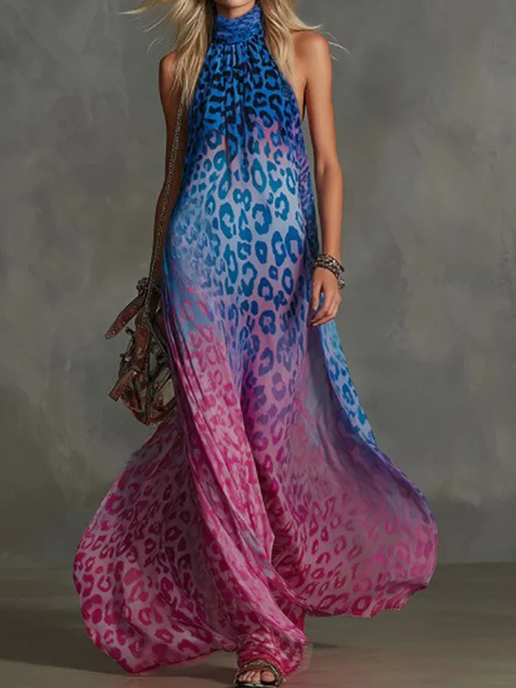 

2026 Women's Turtleneck Print Patchwork Maxi Dress Summer Sleeveless Elegant Loose Holiday Chic Fashion Ladies Dress Streetwear