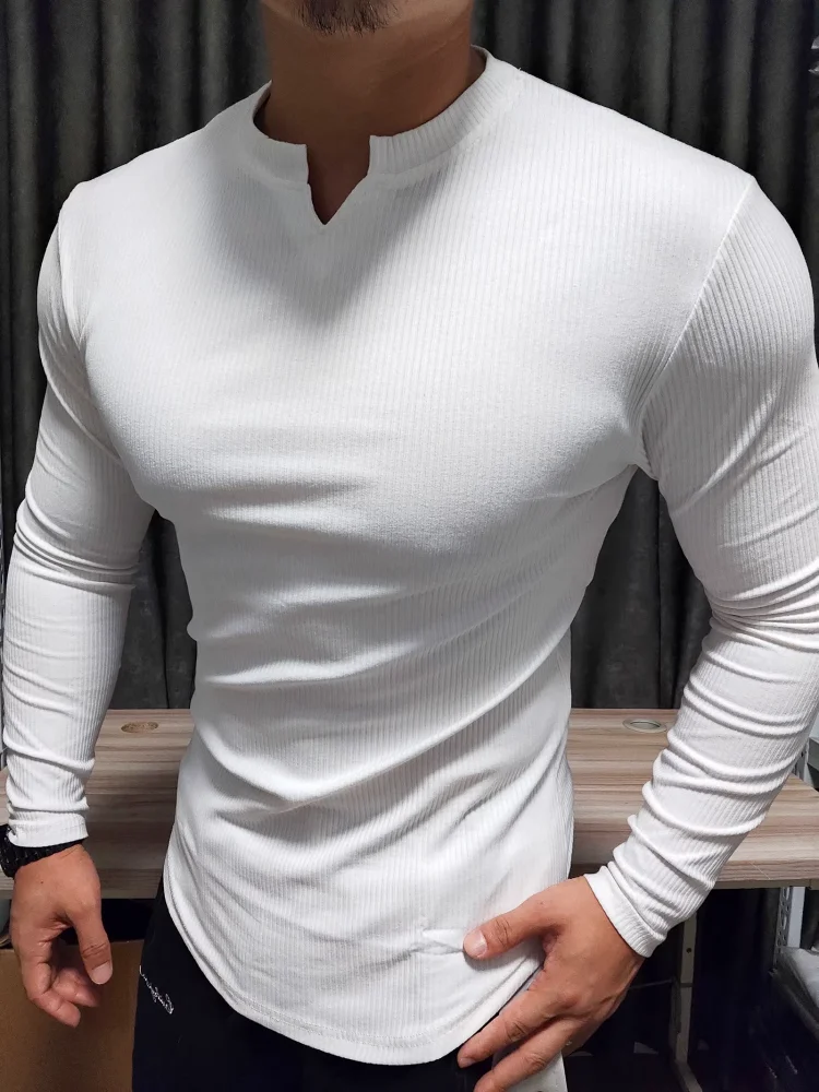 Men's Fashion Fitness Sports Long Sleeve T-Shirt Retro Outdoor Home V-Neck Spring Summer Gym Fitted Clothing image 2