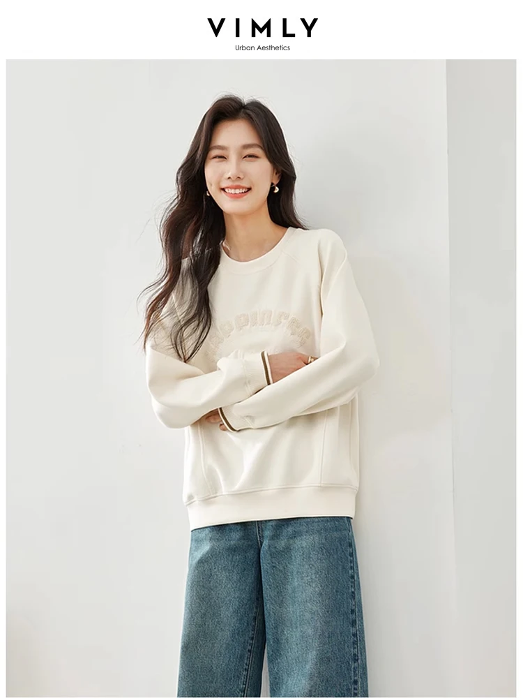 Vimly Apricot Letter Embroidery Sweatshirts 2024 Spring O-neck Long Sleeve Top for Woman Casual Loose Pullovers Female M5121