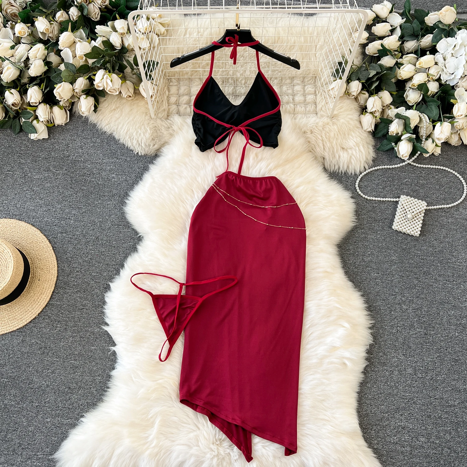 Sexy Halter Crop Top Low Waist Pleated High Slit A-line Skirt Waist Chain Underwear Four Pieces Set Red Rose Hotsweet Nightdress