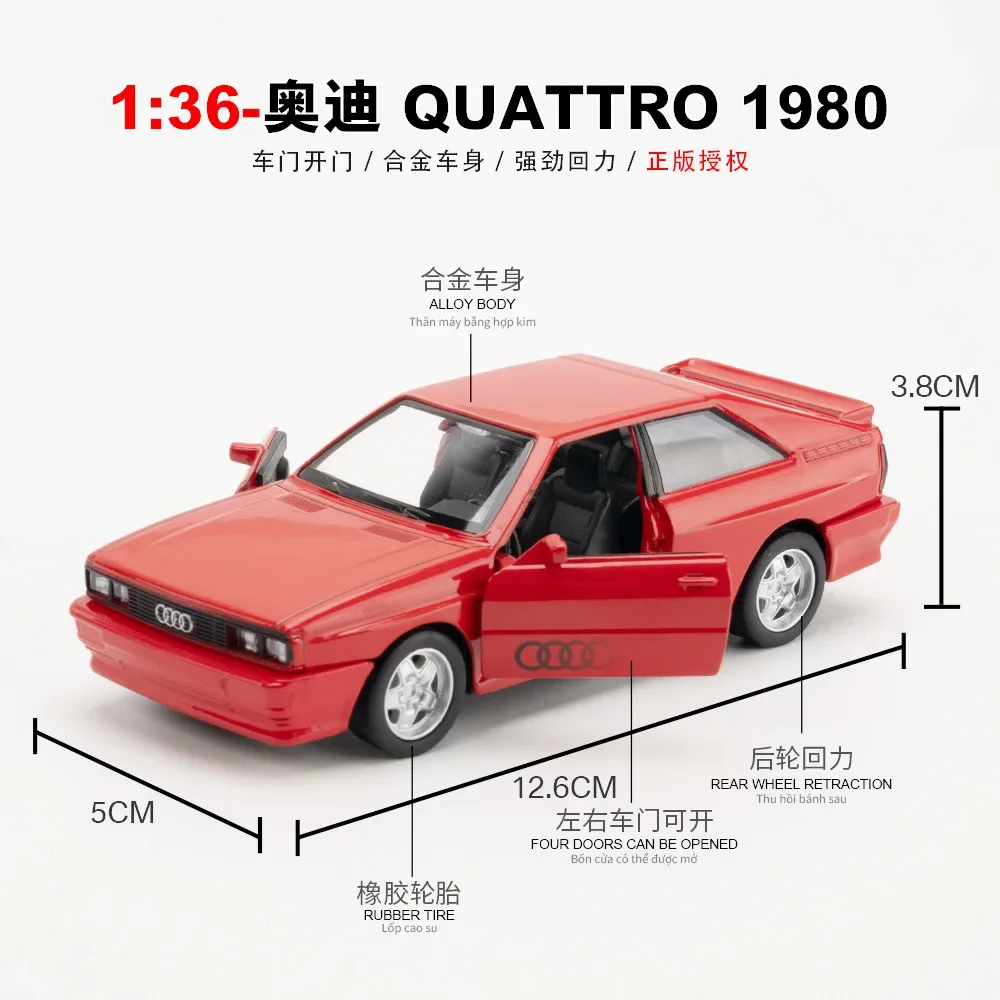 Audi Quattro Diecast Vintage Car para Crianças, 1:36, Modelo de Liga Metálica, Alta Simulação, Coleção de Brinquedos, Presentes, F594