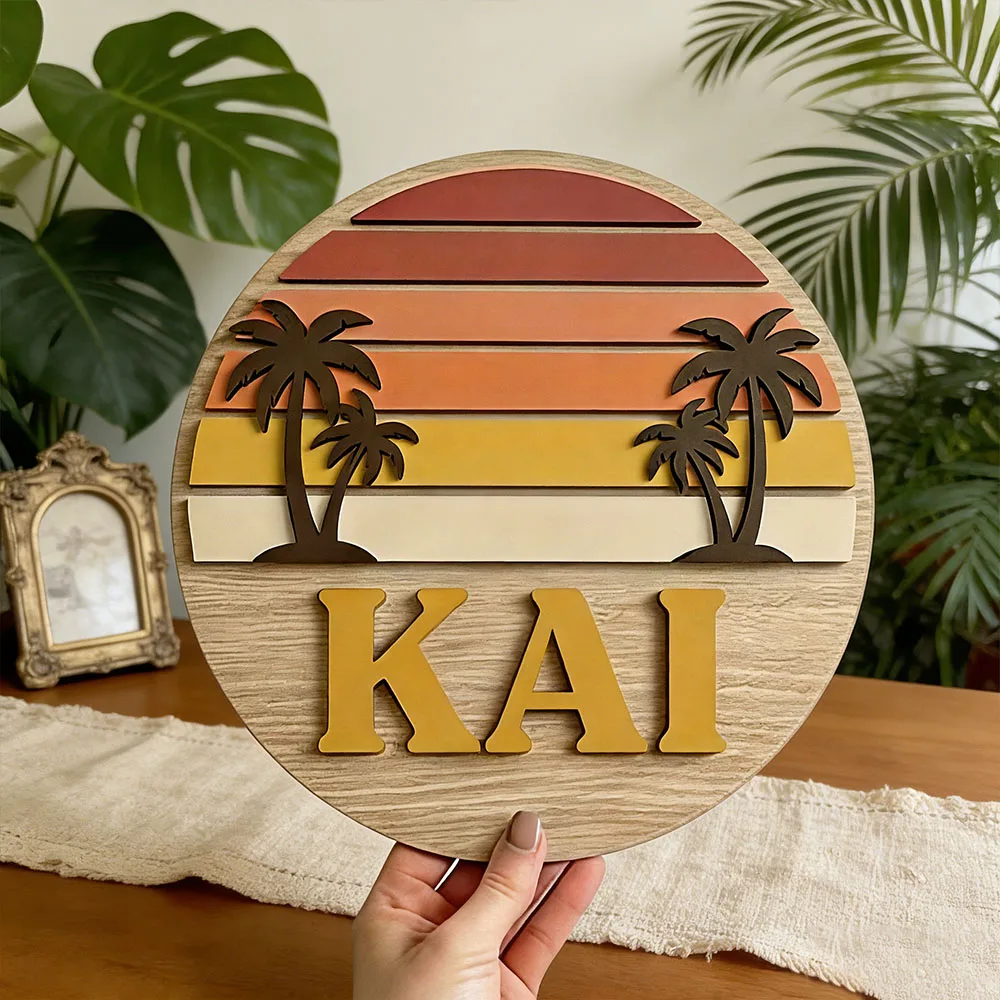 Personalized Tropical Sunset Palm Tree Round Name Sign Wooden Wall Art Custom Name Plaque for Vintage Beach Themed Home Beach
