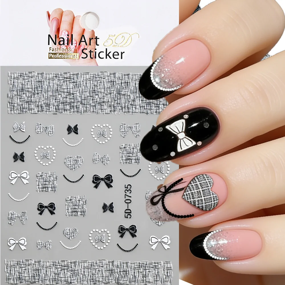 5D Black White Elegance Checkerboard Nail Art Dtickers French Ribbion Bow Grid Lines Decal Self-Adhesive Vintage Manicure Slider