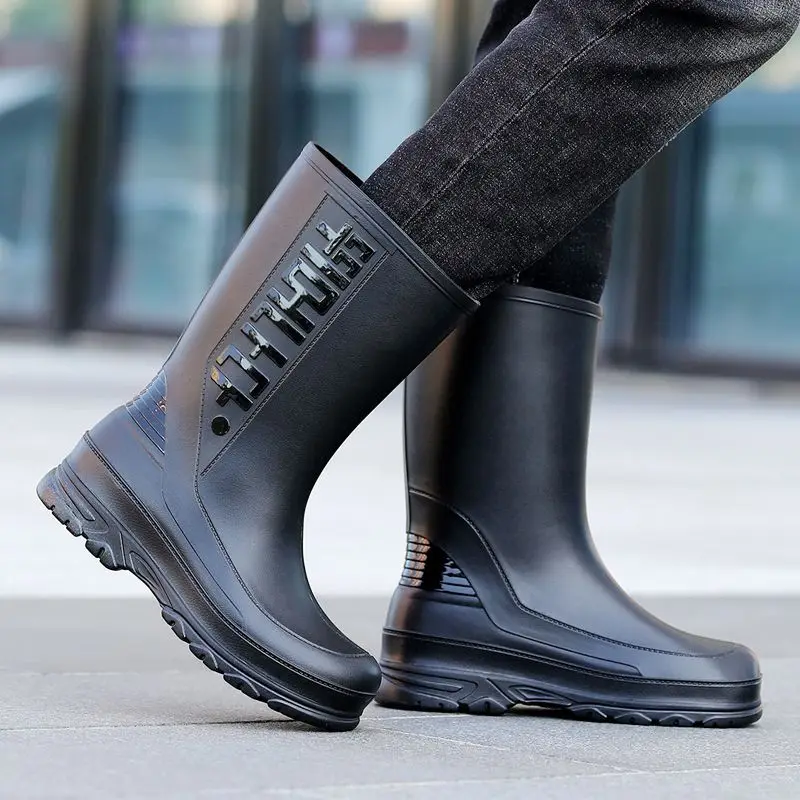 

Зимние теплые мужские резиновые сапоги до середины икры для шеф-повара, водонепроницаемая мужская обувь на флисовой подкладке, модные дизайнерские сапоги для рыбалки и сада