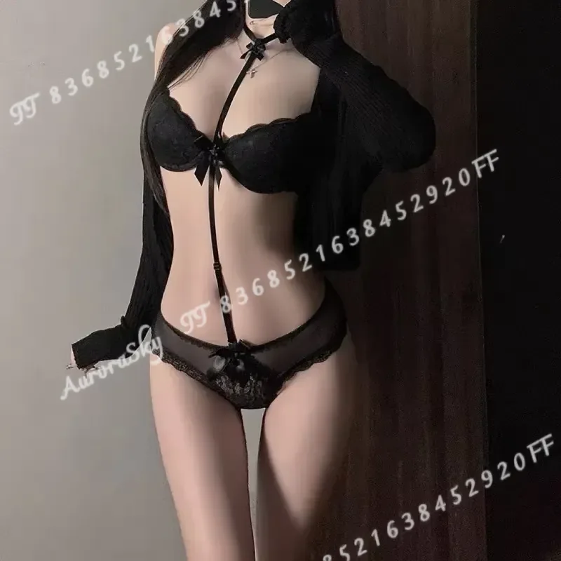 Sexy Push Up Bra Set with Detachable Neck Strap Lace Lingerie Cross Strap Design Machine Washable Underwear for Women