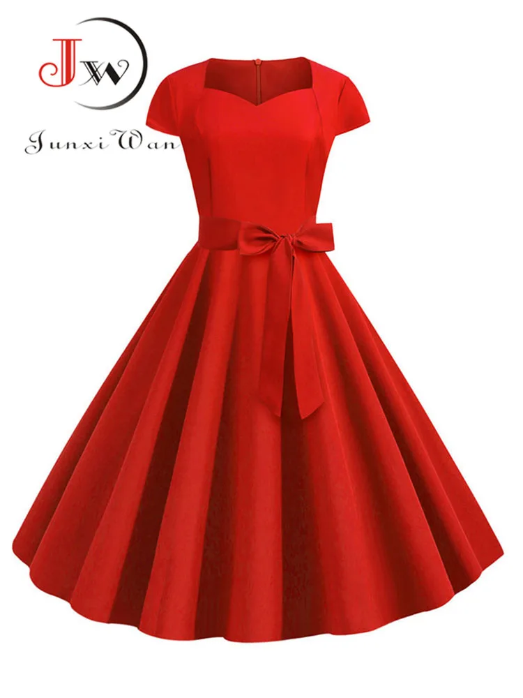 Summer Solid Yellow Color 50s 60s Vintage Dress Women Short Sleeve Square Collar Elegant Office Party Midi Dresses Belt