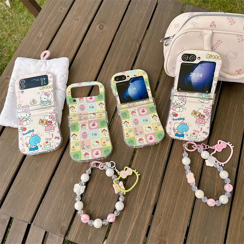 

New Checkered Pattern Sanrio For Hello Kitty Pink Clean Simple Style Full Screen With Lanyard Samsung Galaxy For Z Flip7/6/5/4/3