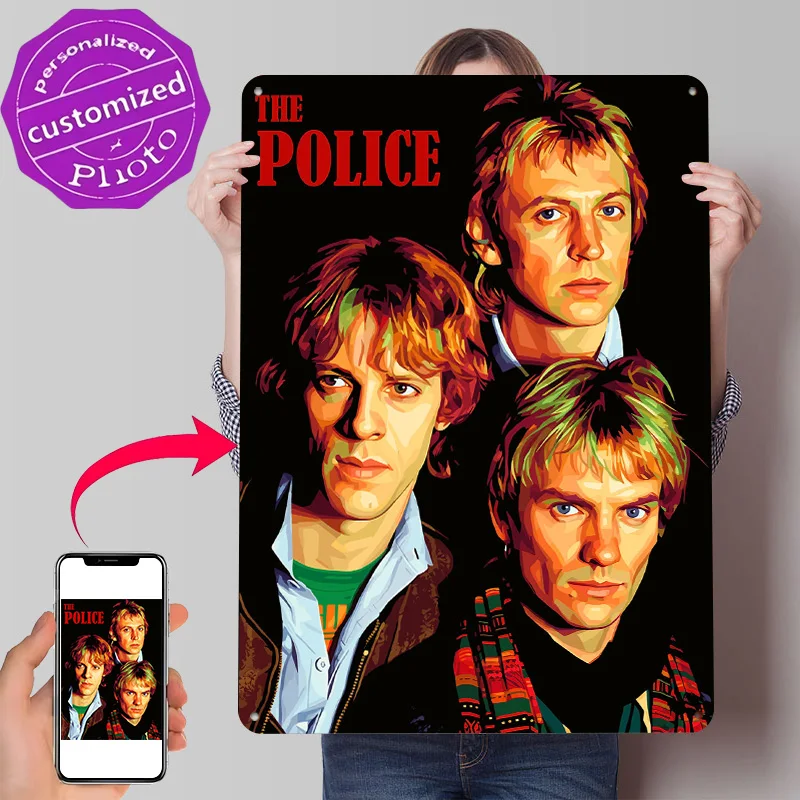 The Police Band Portrait Illustration Poster Retro 3D Printed Metal Signs Customized Wall Hanging Gift for Office Decor Room