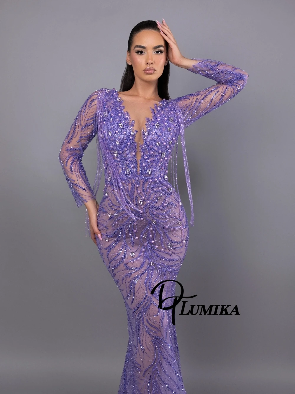 

DTLumika Glitter Illusion Mermaid Evening Dress Purple Glamorous Tassel Beaded Customized Cocktail Gown Formal Banquet Wear