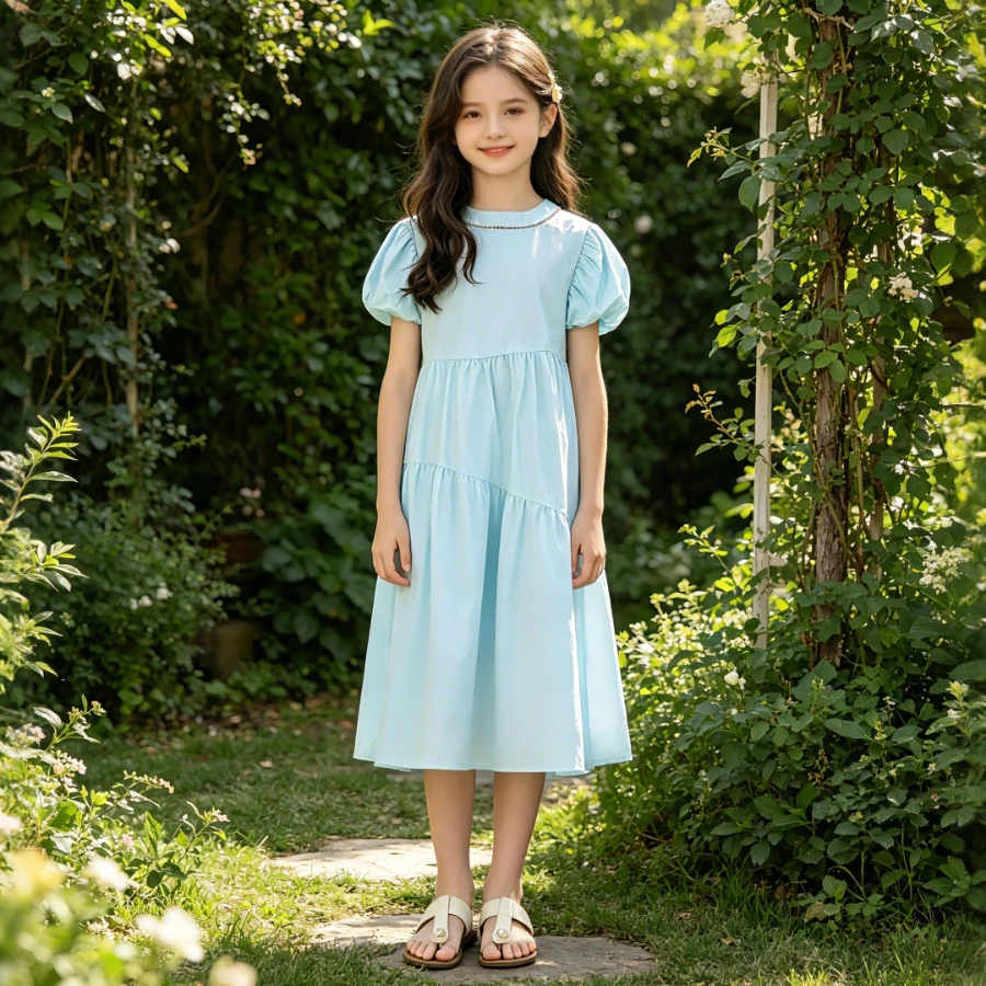 

Girls Light Blue Tiered Midi Dress Puff Sleeve Hollow Neck A-Line Casual Sundress for Kids 6-14Y Breathable Cotton Summer Dress