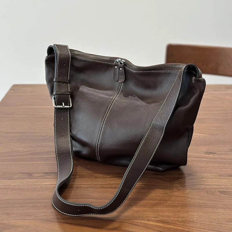 Johnature Lightweight Retro Shoulder Bag 2026 New Genuine Leather Large Capacity Soft Cowhide Wide Shoulder Strap Crossbody Bag