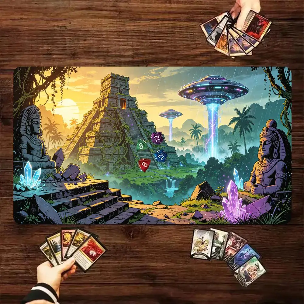 60X35cm Ancient Mayan Pyramid Jungle UFO TCG Playmat Non‑Slip Rubber Trading Card Game Table Pad For Card Game Players
