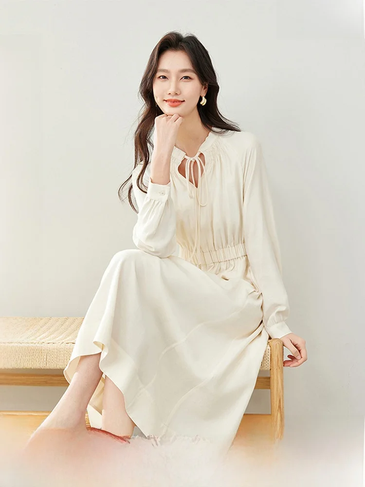 

Ele Long Dr Women's Spring Autumn Faion High Waist Slimming Midi Skirt French Sle V-ne A-line Dr