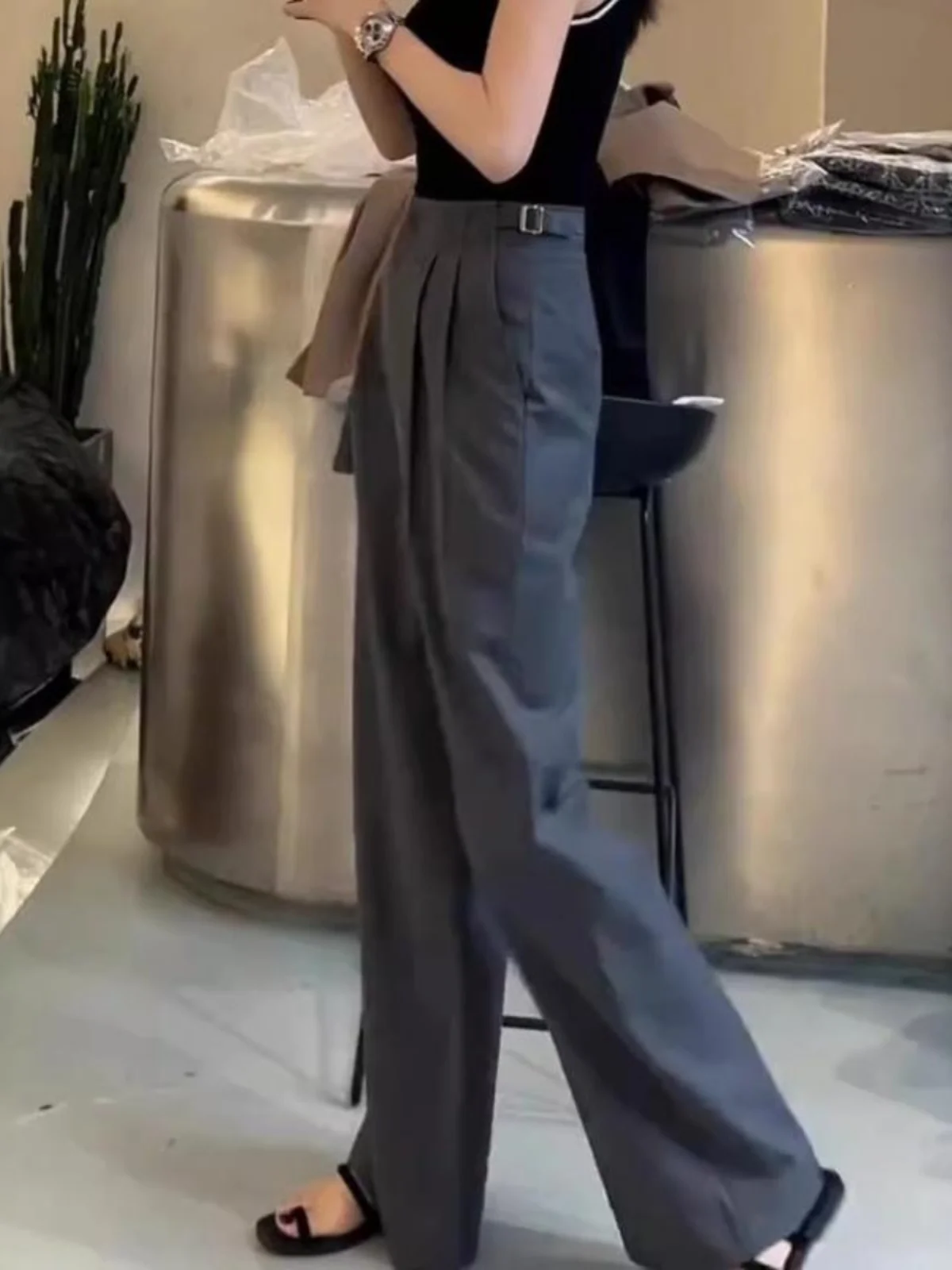 

High Waist Straight Leg Suit Pants ey Side Bule Women's Autumn Winter plus Size Loose Slimming Casual Floor Length
