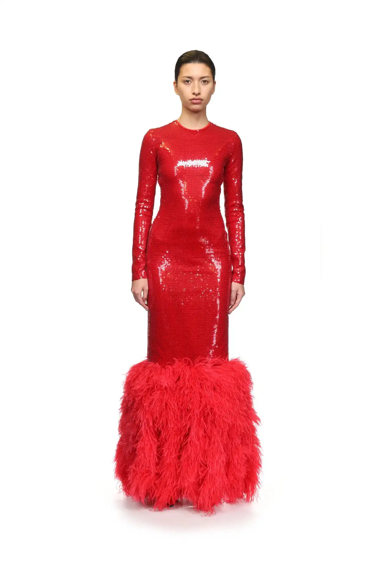 New Fashionable David Koma Dresses Red Designer Handmade Personalized Long Glitter and Fur Design Top Version Dress