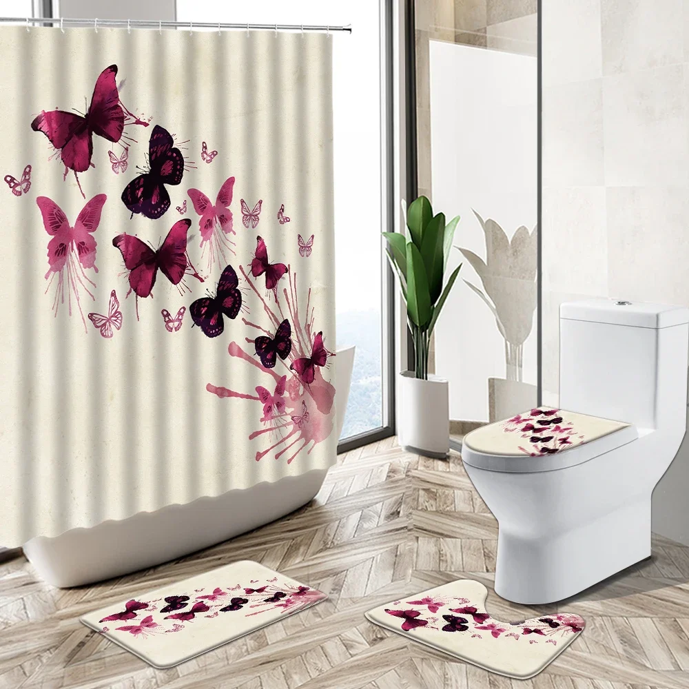 Butterfly Printed Pattern Shower Curtain Set Plant Flower Scenery Home Decor Bath Mat Toilet Lid Cover Flannel Bathroom Carpet