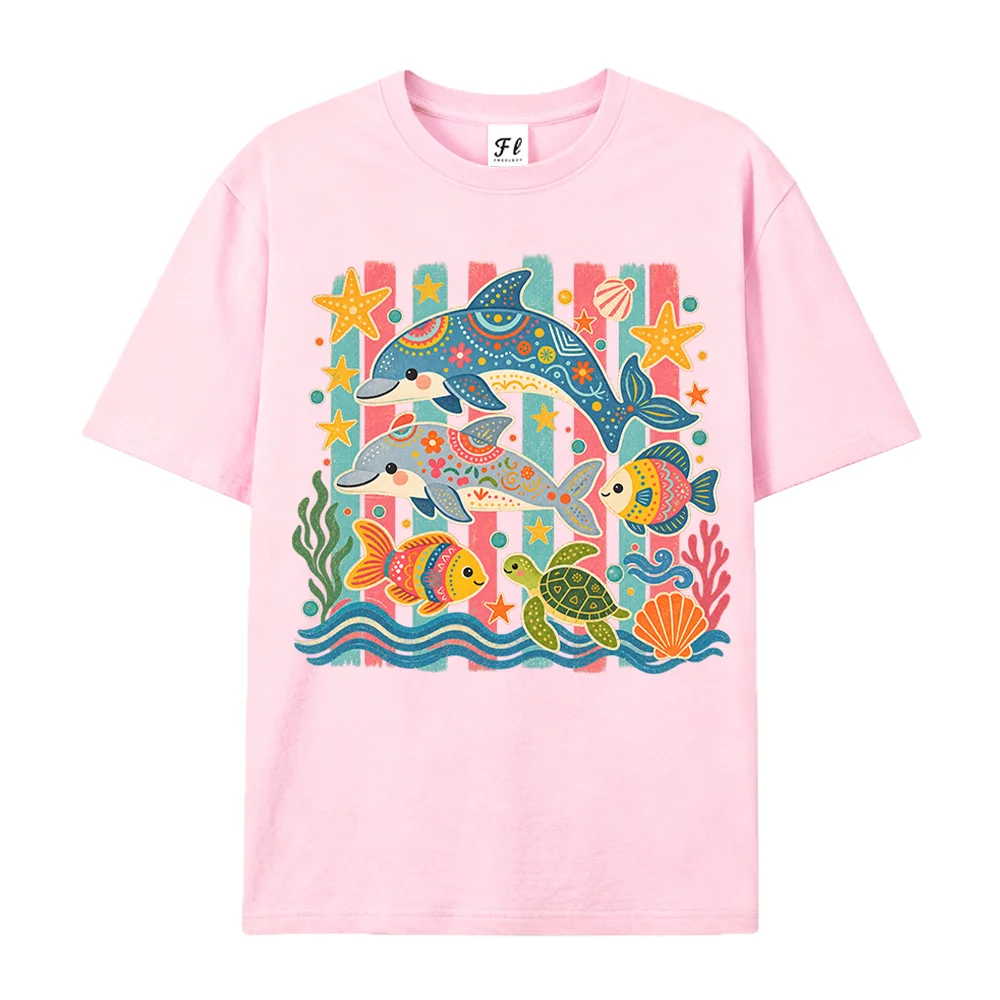 Cute Dolphin Ocean Creature Graphic Tee Women Colorful Turtle Fish Starfish Print Short Sleeve Oversized Beach Tops Sea Lover