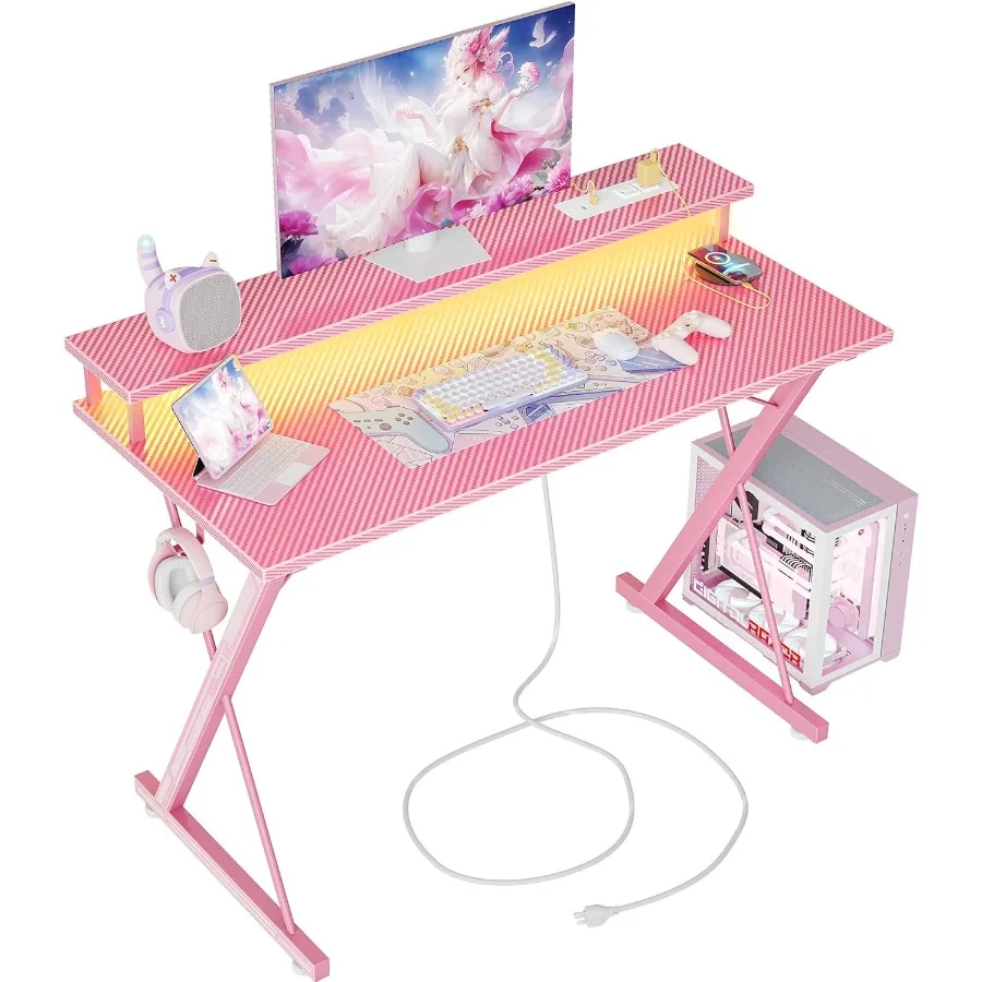 مكتب ألعاب مع منافذ طاقة LED 40 بوصة كمبيوتر مريح من ألياف الكربون سطح ألعاب مكتب شاشة كبيرة حامل سماعة الرأس هوو #1