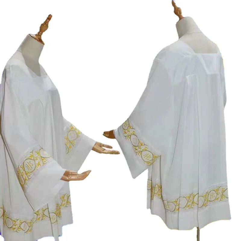 화이트 스퀘어 넥 라인 Surplice 카톨릭 교회 성직자 성직자 의상 Chasuble Pleated Lace Liturgical Alb Cottas Vestment