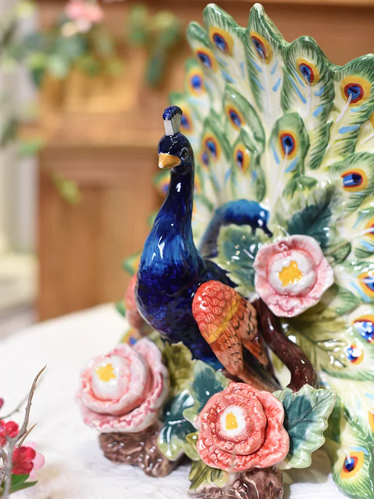 Ceramic decoration peacock open screen living room ornament gift TV cabinet