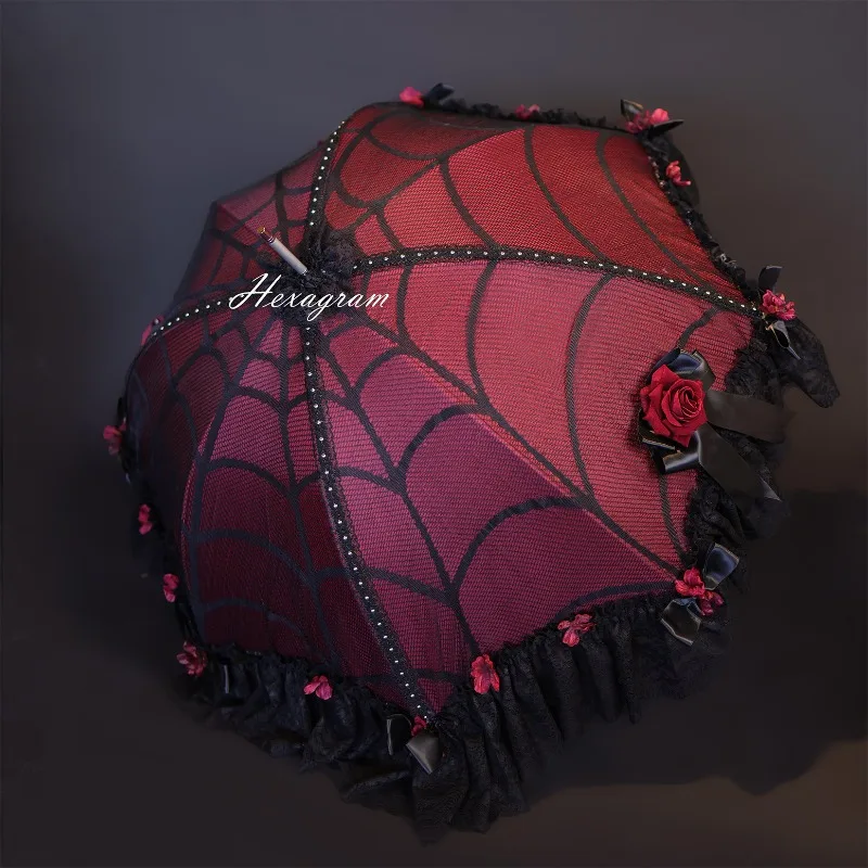 Gothic Wine Red Spiderweb Lolita Umbrella Lace Bowknot Rose Decorative Parasol Dual‑use Sun Rain Atmosphere Fashion Accessory