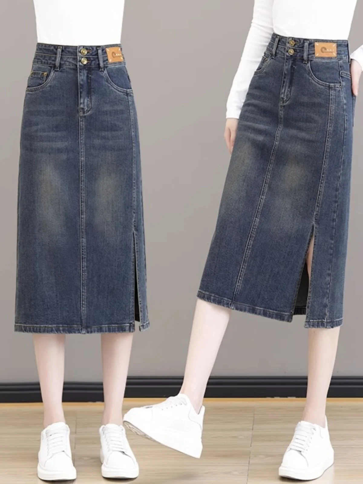 

Джинсовая юбка трапециевидной формы средней длины с высокой талией для женщин, весна-осень, новинка, один шаг, открытый разрез, однотонный винтажный цвет