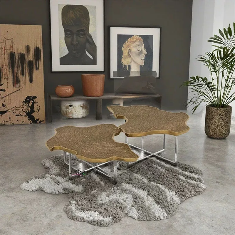 Italian stainless steel coffee table, light luxury high-end living room home irregular etching tea table, creative acrylic tea