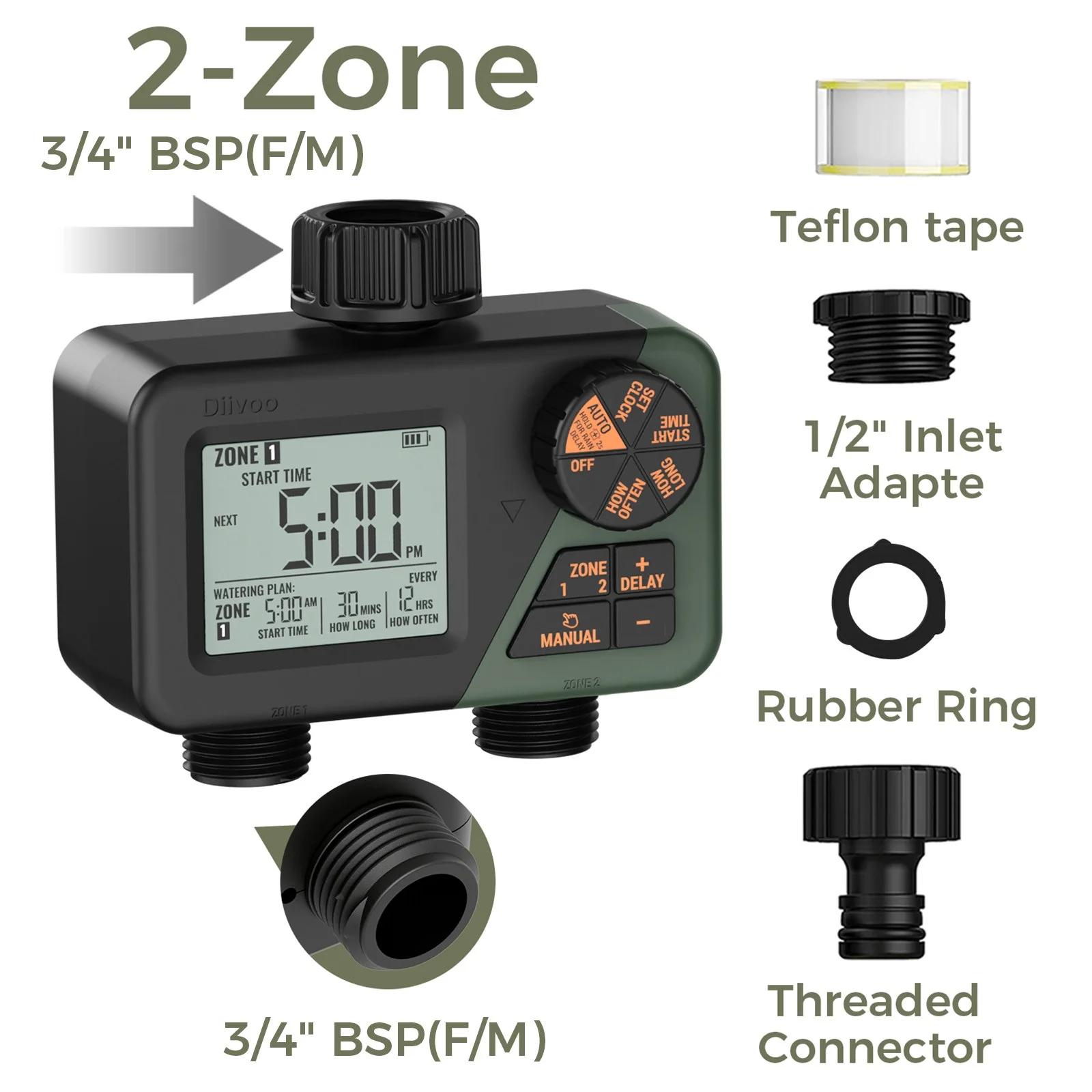 Diivoo Tuinwatertimer 3-zone programmeerbare automatische irrigatietimer met regenvertraging Handmatige/automatische modus Watering voor gazontuin