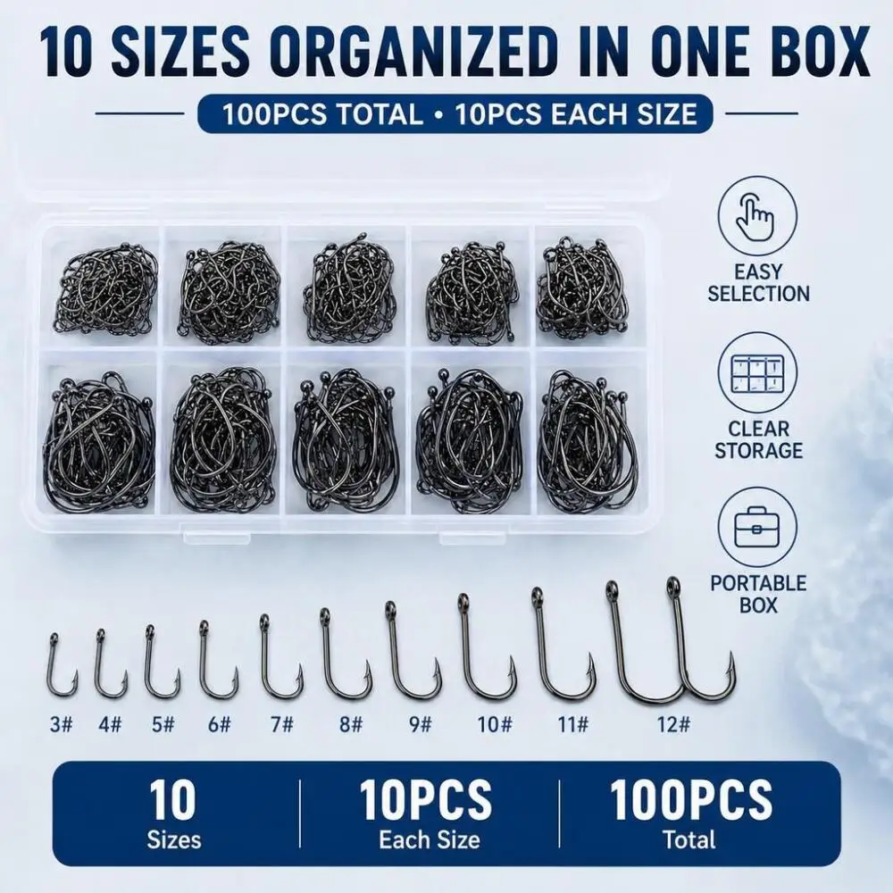 100 Pieces Fishing Hook Set, 10 Sizes Barbed Fish Hooks, High Carbon Steel with Storage Box for Freshwater and Saltwater Fishing