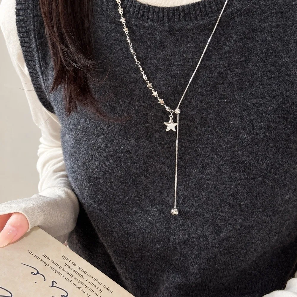 Fashion Silver Star Pendant Long Length Asymmetrical Design Snake Chain Pendant Style Tassel Detail Sweater Chain Unisex
