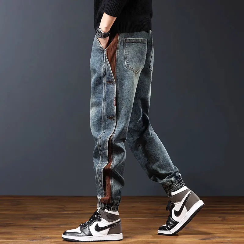 Street Fashion Men Jeans Retro Washed Blue Spliced Patched Designer Loose Fit Casual Denim Cargo Pants Homme Hip Hop Joggers Men