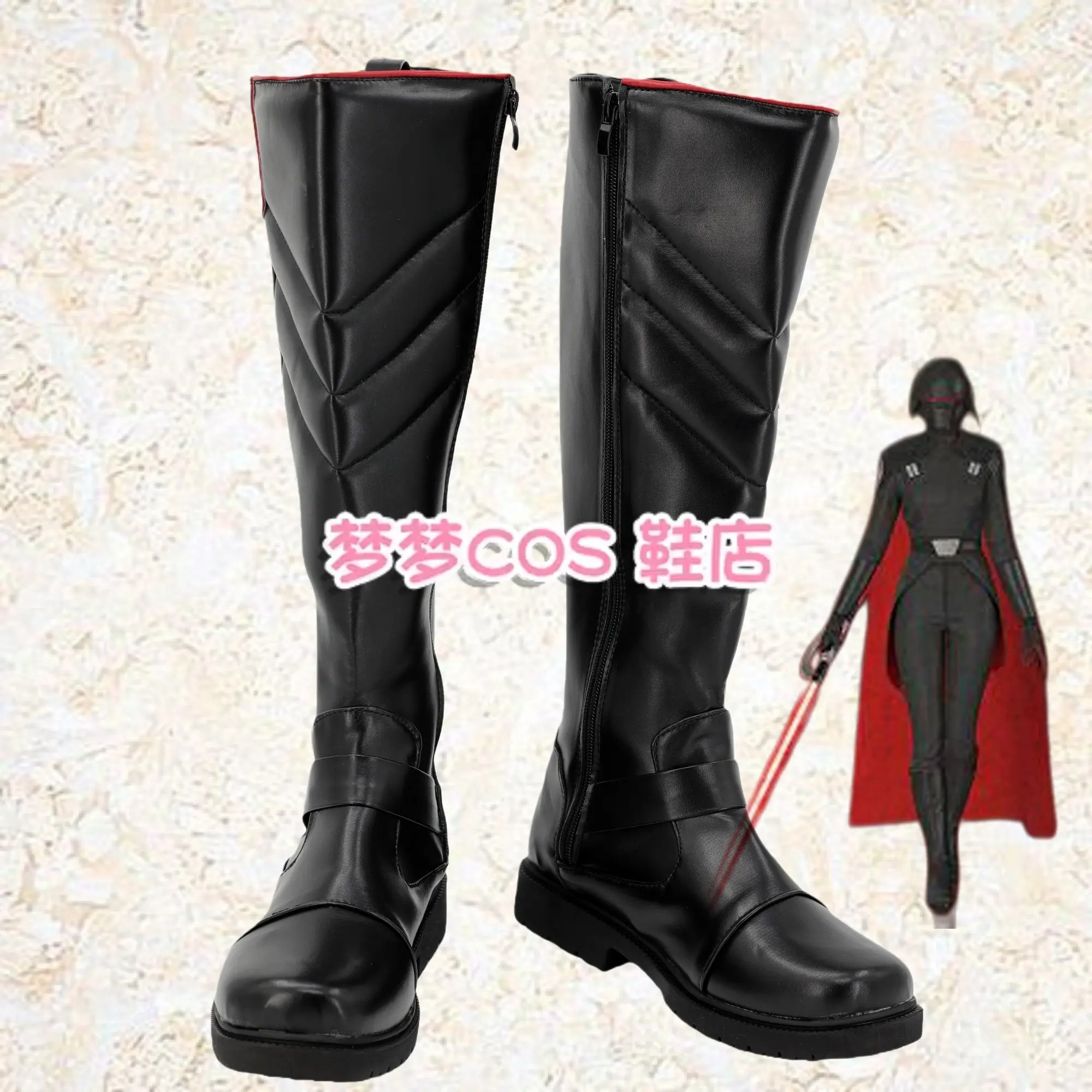 두 번째 자매 트릴라 수두리 ‌   코스프레 의상 신발 블랙 수제 인조 가죽 부츠