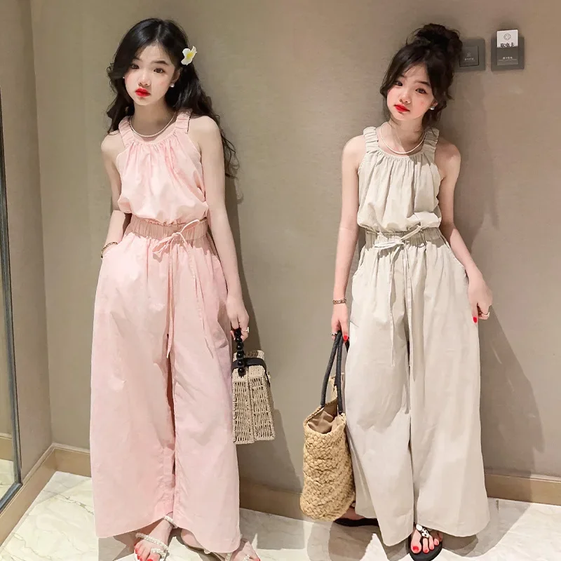 Children Clothing Set Summer 2024 Vest Wide Leg Pants Two Pieces Teenage Kids Outfits Groups Pink Girls Clothes 10 12 16 Years