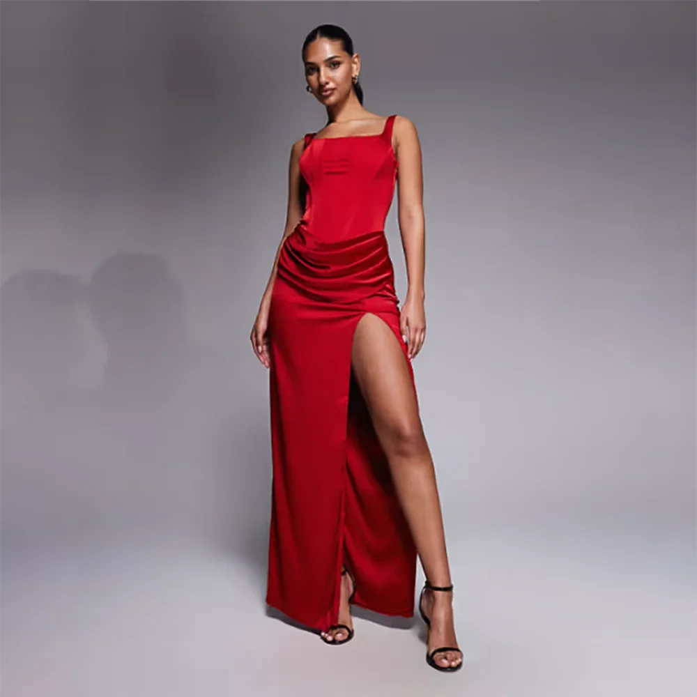 

Women's Formal Evening Gowns Sleeveless Square Neck Spaghetti Strap Pleated Side Split Evening Dresses Elegant Formal Dresses