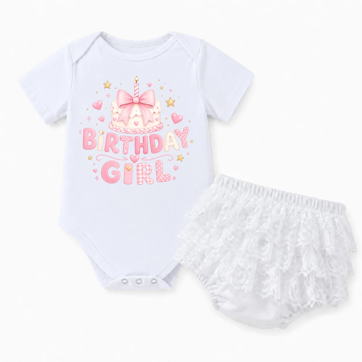 Baby Girl 1st Birthday Outfit Happy Birthday Girl Cake Print Short Sleeve Bodysuit White Lace Tutu Skirt 2Pcs Set Infant Cake Sm