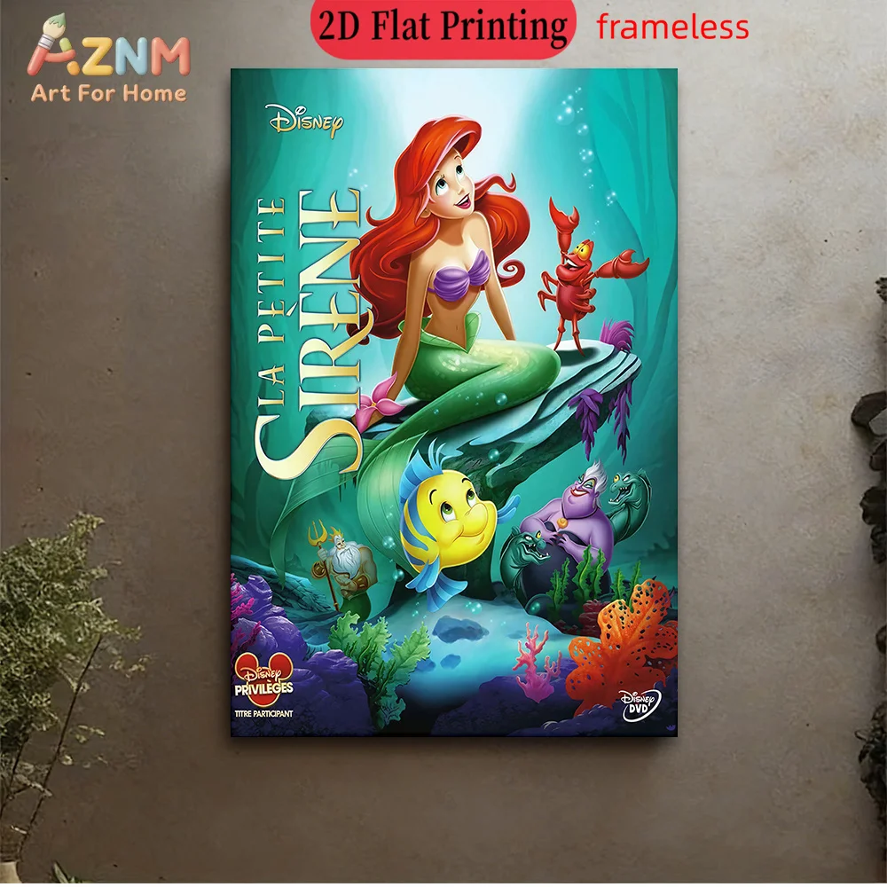 AZNM La Sirenita, arte de pared en lienzo sin marco, Disney, Ariel, Sebastian, Flounder, escena subacuática de coral, impresión artística de un solo panel