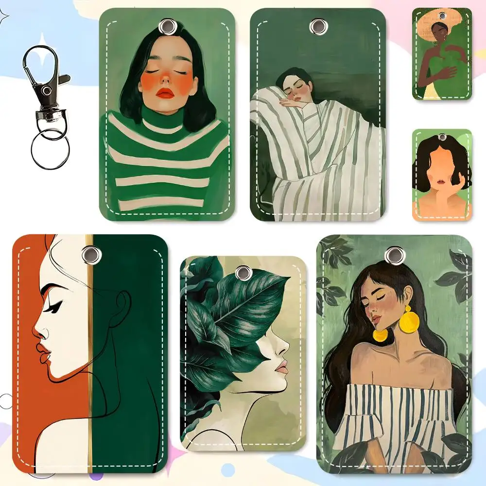 1pc Minimalist Female Green Background Card Case Keychain Access Card Bag Key Tag Ring Leather Card Holder Key Ring Access