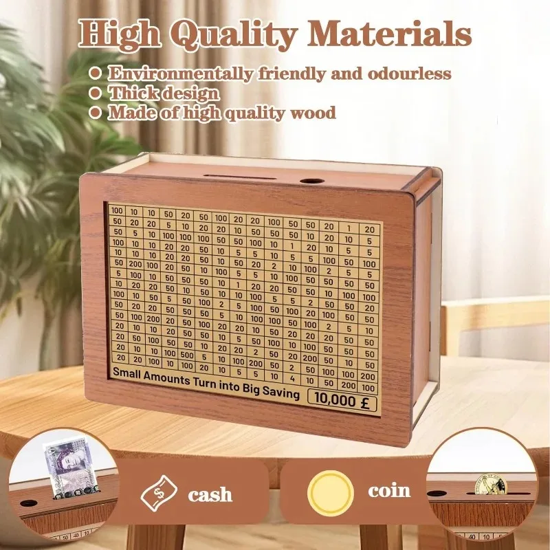 بنك نقود جديد مع صندوق نقود خشبي، صندوق توفير نقدي للبالغين، صندوق توفير أموال خشبي لتوفير الهدف بنفسك