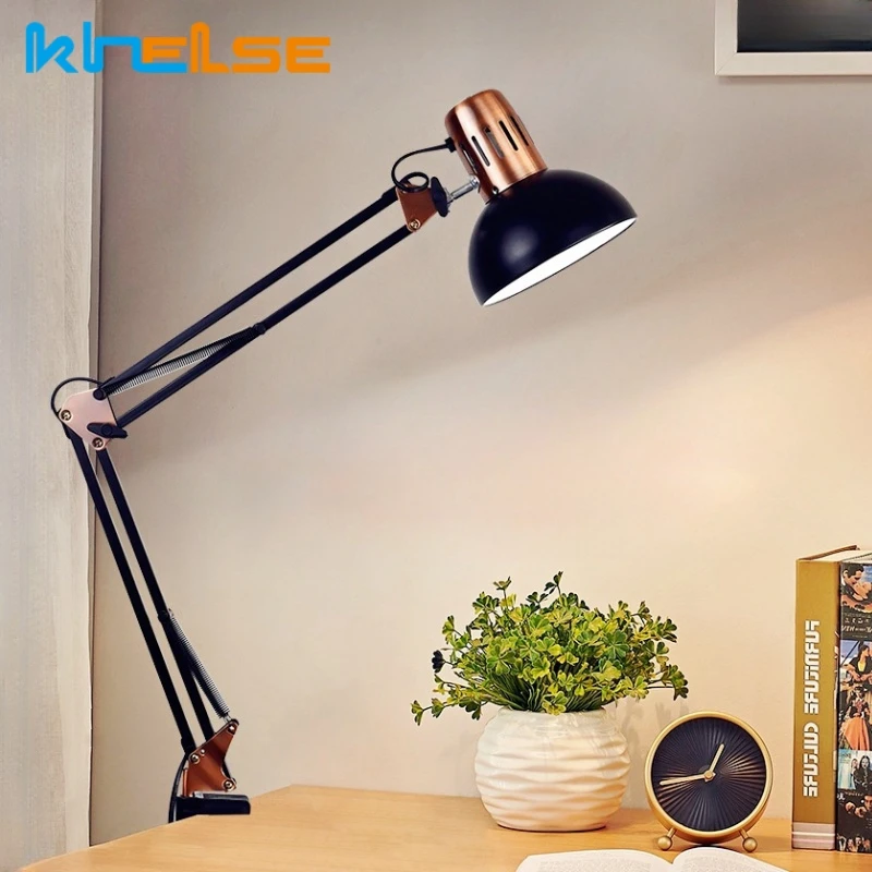 

Industrial Foldable LED Table Lamp With Clamp E27 Telescopic Swing Arm Dormitory Reading Lamp Bedside Childern's Room Desk Light