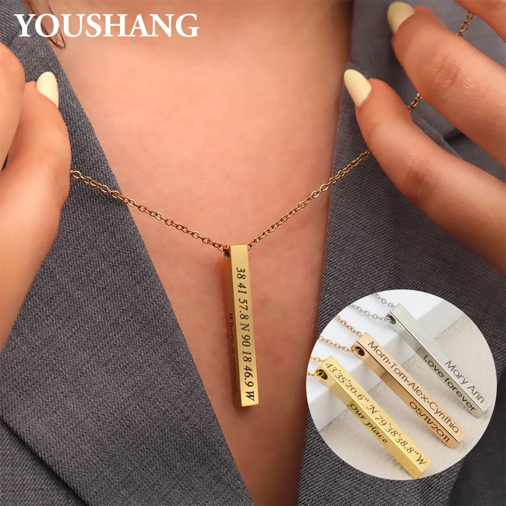 

Personalized Name Necklace 18K Gold Plated for Women Men Custom 4-Sided Engraved Coordinates Date Stainless steel Pendant.