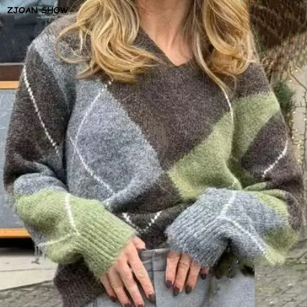 

Вязаный свитер с V-образным вырезом и ромбовидным узором, 2 цвета, весна-осень, винтажный стиль, женский, с длинным рукавом, свободный, укороченный, зеленый, синий